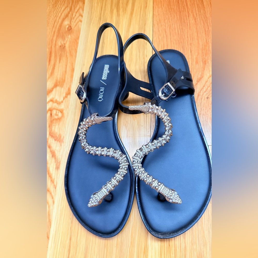 Melissa Black and Gold Snake Sandals